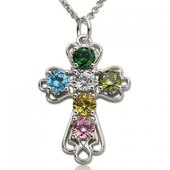 Personalised Cross Necklace with Birthstones Sterling Silver