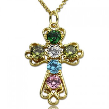 Personalised Cross necklace with Birthstones Gold Plated Silver