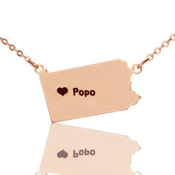 Personalised PA State USA Map Necklace With Heart  Name Rose Gold