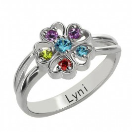 Promise Flower Ring Engraved Name  Birthstone Sterling Silver