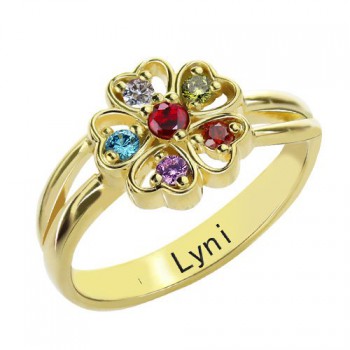 Birthstone Flower Promise Ring with Name 18ct Gold Plated