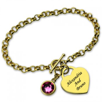 Engravable Birthstone Bracelet with Heart  Name Charm 18ct Gold Plate