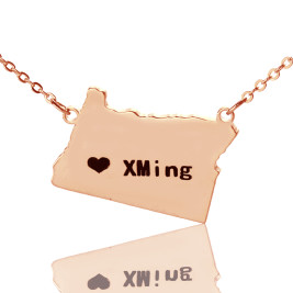 Custom Oregon State USA Map Necklace With Heart  Name Rose Gold