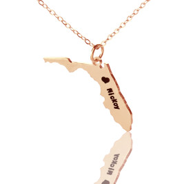 Custom Florida State USA Map Necklace With Heart  Name Rose Gold