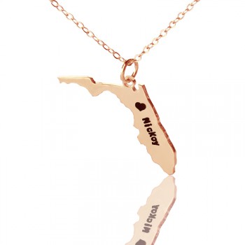 Custom Florida State USA Map Necklace With Heart  Name Rose Gold