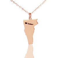 Custom Vermont State USA Map Necklace With Heart  Name Rose Gold