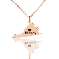 Virginia State USA Map Necklace With Heart  Name Rose Gold