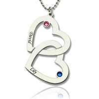 Double Heart Necklace with Name  Birthstones Sterling Silver
