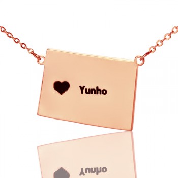 Wyoming State Shaped Map Necklaces With Heart  Name Rose Gold