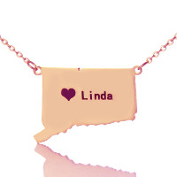 Connecticut Connecticut State Shaped Necklaces With Heart  Name Rose Gold