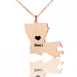 Custom Louisiana State Shaped Necklaces With Heart  Name Rose Gold