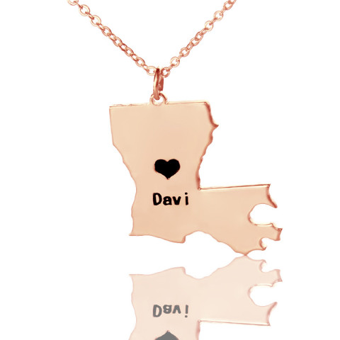 Custom Louisiana State Shaped Necklaces with Heart Name Rose Gold