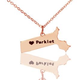 Massachusetts State Shaped Necklaces With Heart  Name Rose Gold