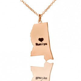 Mississippi State Shaped Necklaces With Heart  Name Rose Gold