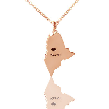 Custom Maine State Shaped Necklaces With Heart  Name Rose Gold