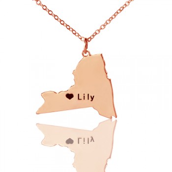 Personalised NY State Shaped Necklaces With Heart  Name Rose Gold