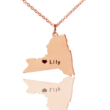 Personalised NY State Shaped Necklaces With Heart  Name Rose Gold