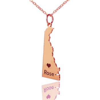 Custom Delaware State Shaped Necklaces With Heart  Name Rose Gold