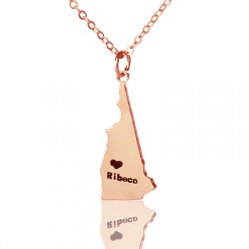 Custom New Hampshire State Shaped Necklaces With Heart  Name Rose Gold