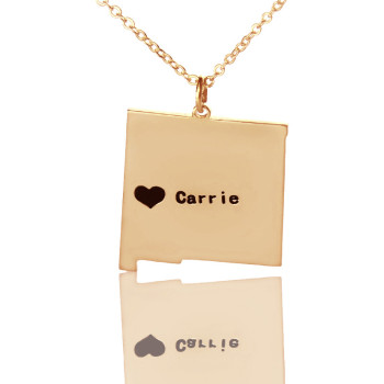 Custom New Mexico State Shaped Necklaces With Heart  Name Rose Gold