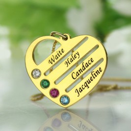 18ct Gold Plated Mothers Birthstone Heart Necklace Engraved Names