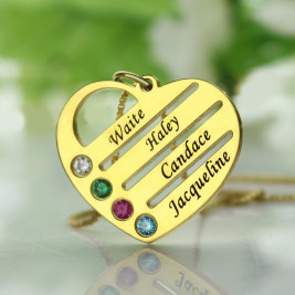 18ct Gold Plated Mothers Birthstone Heart Necklace Engraved Names