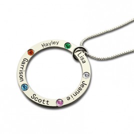 Mothers Family Circle Name Necklace Engraved Birthstone Silver