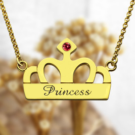 Princess Crown Charm Necklace with Birthstone  Name 18ct Gold Plated