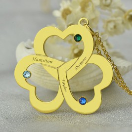 Birthstone Triple Heart Necklace Engraved Name in 18ct Gold Plated