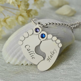 Personalzied Baby Feet Name Necklace with Birthstone Silver