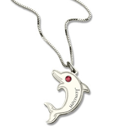 Dolphin Necklace with Birthstone  Name Sterling Silver