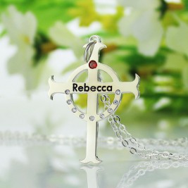 Personalised Circle Cross Necklaces with Birthstone  Name Silver