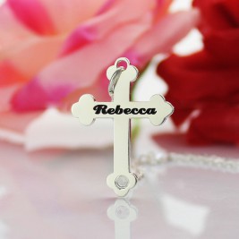 Silver Rebecca Font Cross Name Necklace