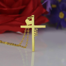 Personalised 18ct Gold Plated Silver Cross Name Necklace with Heart