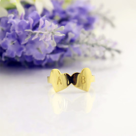 Custom Double Heart Ring Engraved Letter 18ct Gold Plated