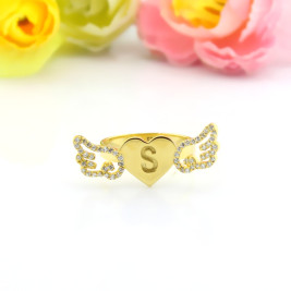 Angel Wings Heart Ring with Birthstone  Initial 18ct Gold Plated