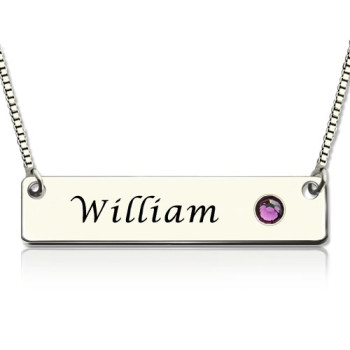 Nameplate Bar Necklace with Birthstone Silver