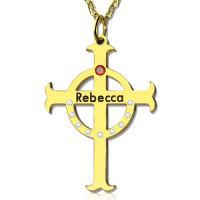 Circle Cross Necklaces with Birthstone  Name 18ct Gold Plated Silver