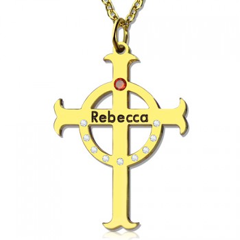 Circle Cross Necklaces with Birthstone  Name 18ct Gold Plated Silver