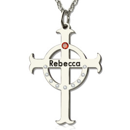 Personalised Circle Cross Necklaces with Birthstone  Name Silver