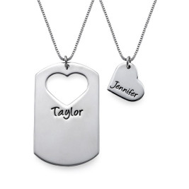 Couples Dog Tag Necklace With Cut Out Heart	