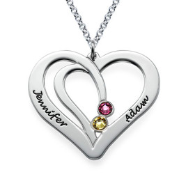 Engraved Couples Birthstone Necklace in Silver	