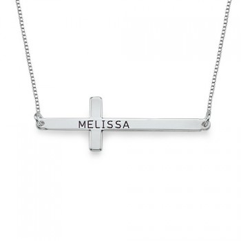 Engraved Silver Sideways Cross Necklace