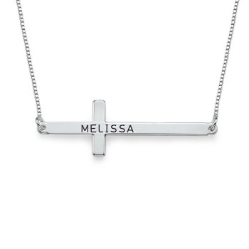 Engraved Silver Sideways Cross Necklace