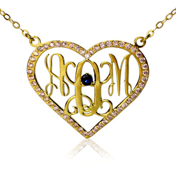 Birthstone Heart Monogram Necklace 18ct Gold Plated