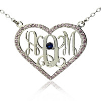 Sterling Silver Heart Birthstone Monogram Necklace