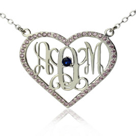 Sterling Silver Heart Birthstone Monogram Necklace