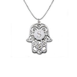 Silver Personalised Initial Hamsa Necklace	