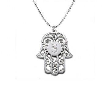 Silver Personalised Initial Hamsa Necklace	