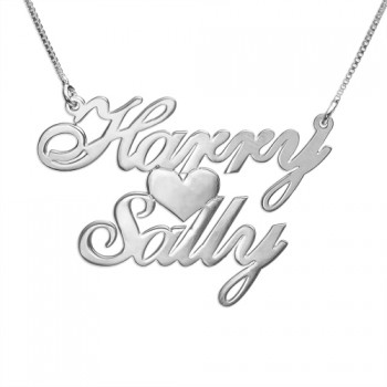 Silver Two Names  Heart Love Necklace	